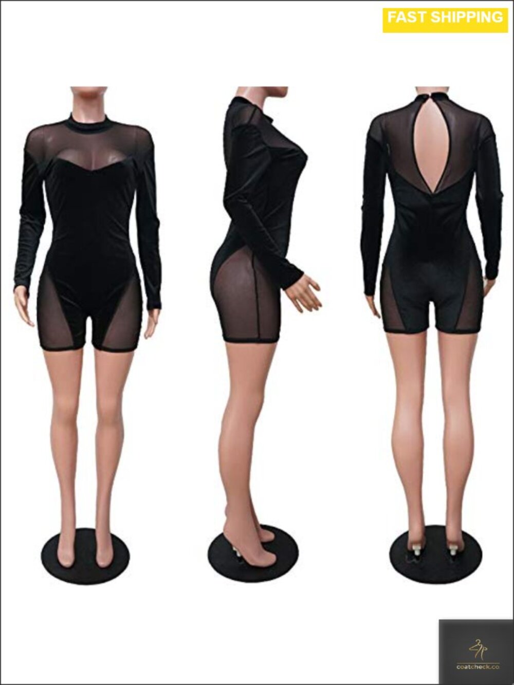 Sexy See Through Mesh Long Sleeve Short Jumpsuit Club Romper - Picture 4 of 6